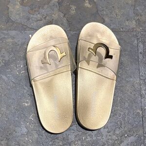 True Religion Gold Slide Sandals